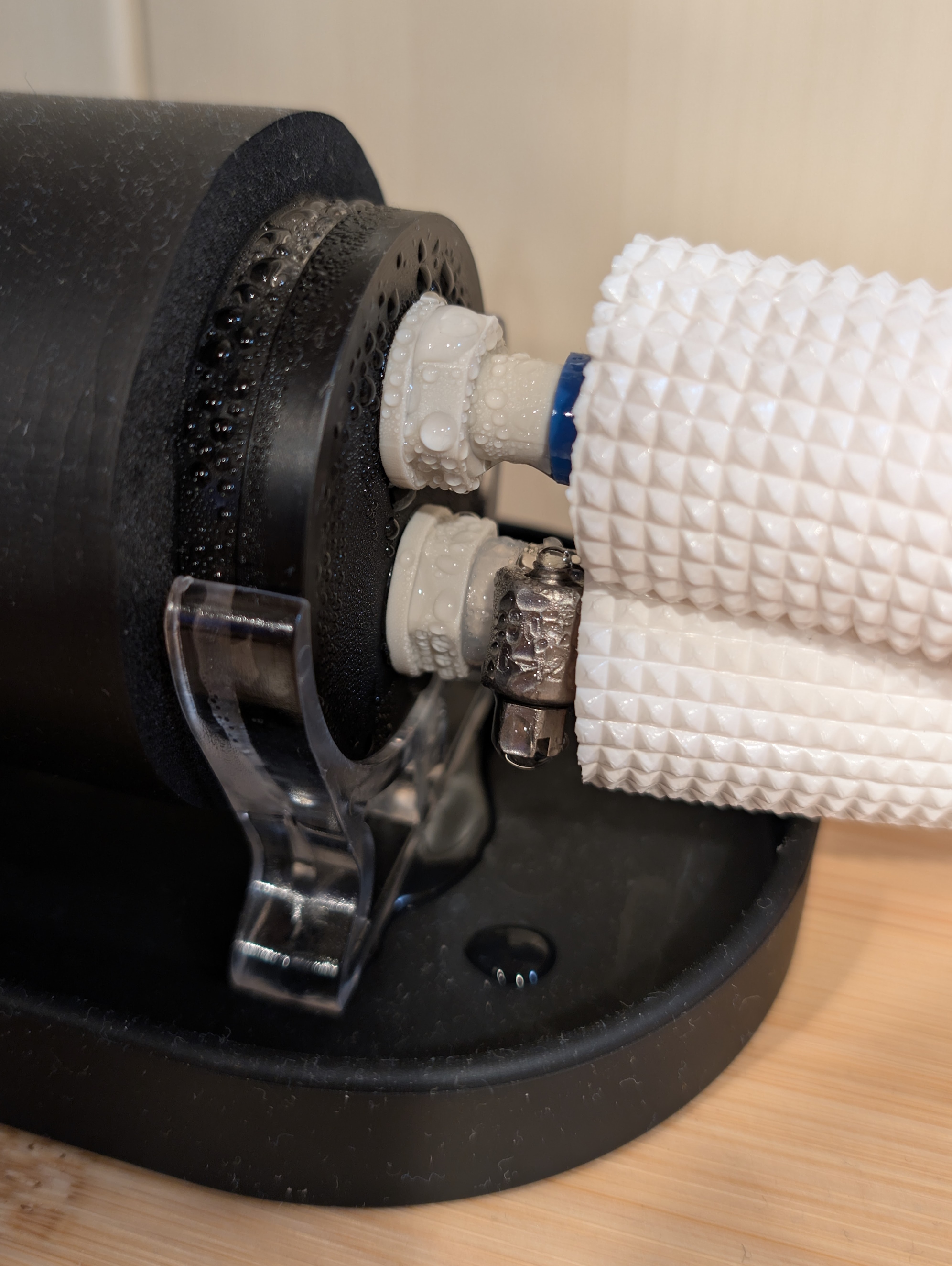 Condensation on reservoir fittings.