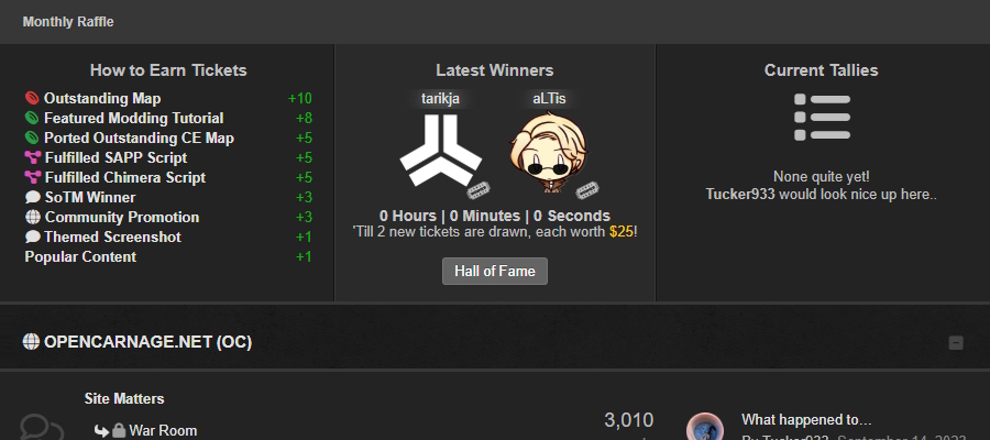 A snapshot of Open Carnage's forum index.